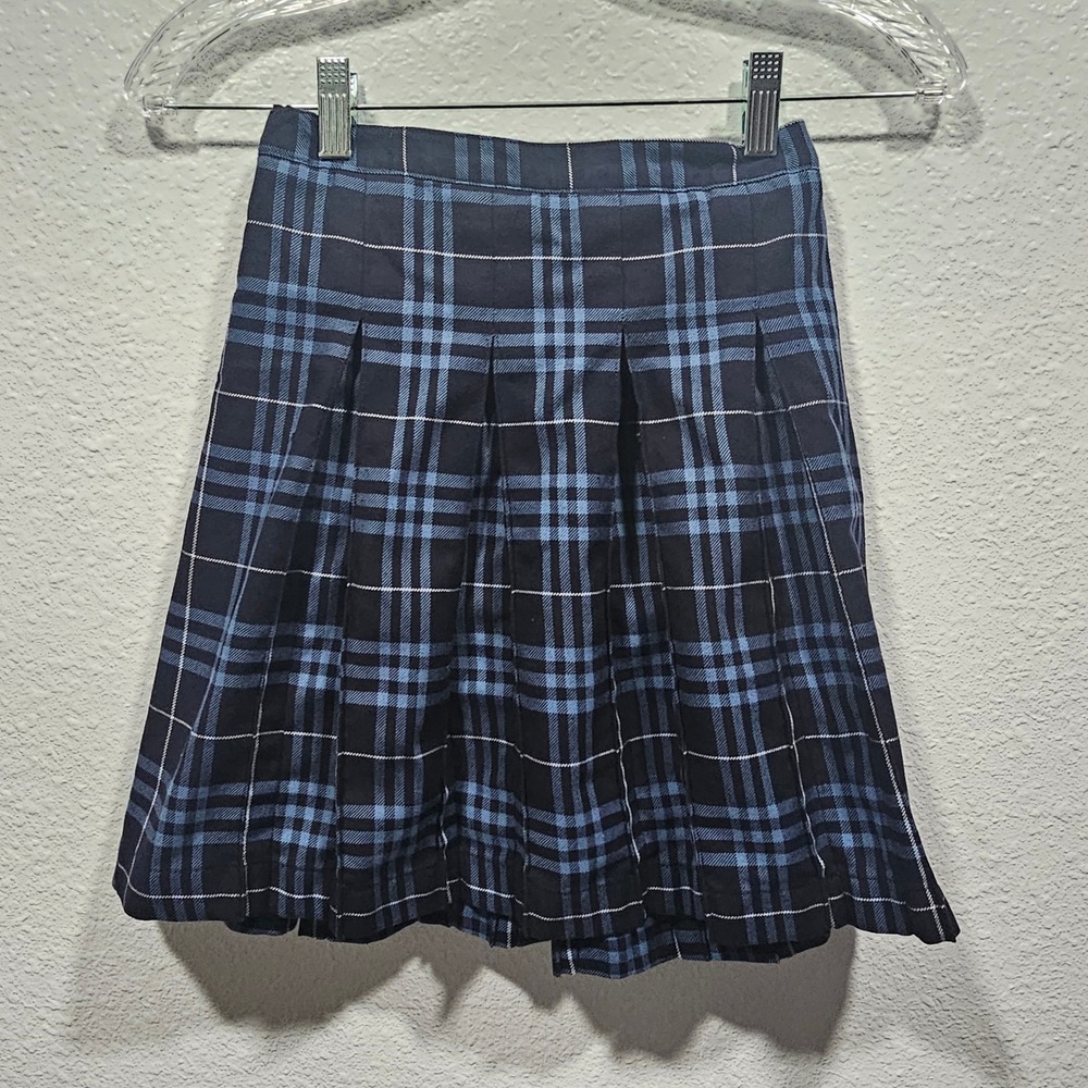 Lands' End Kids‎ Navy Blue Plaid Pleated School Uniform Skirt Size 12 Adjustable